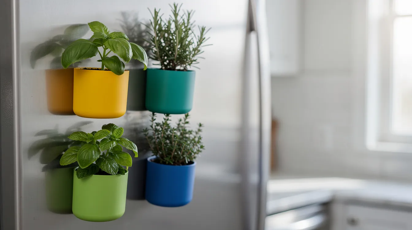 A11bc7ff2c2749dab8504abdee910f17 A close up view of small colorful magnetic planters filled with fresh herbs is attached to a stainless steel refrigerator door creating a vibrant display of greenery This innovative wall planter idea is perfect for small spaces adding a touch of natural decor to your kitchen or living room