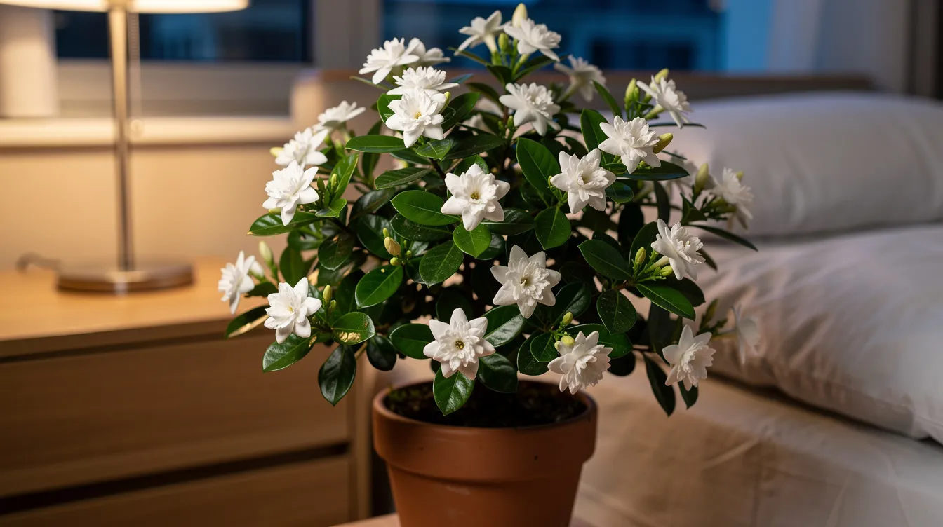 A15c95c6b30c4b9b9d561026024eb18e The image features a Jasmine Sambac plant a fragrant climbing plant that can be cultivated into a compact bush in pots making it ideal for indoor spaces like apartments It showcases lush green leaves and delicate white flowers that produce an intensely sweet floral fragrance particularly strong in the evening perfect for enhancing the ambiance of bedrooms