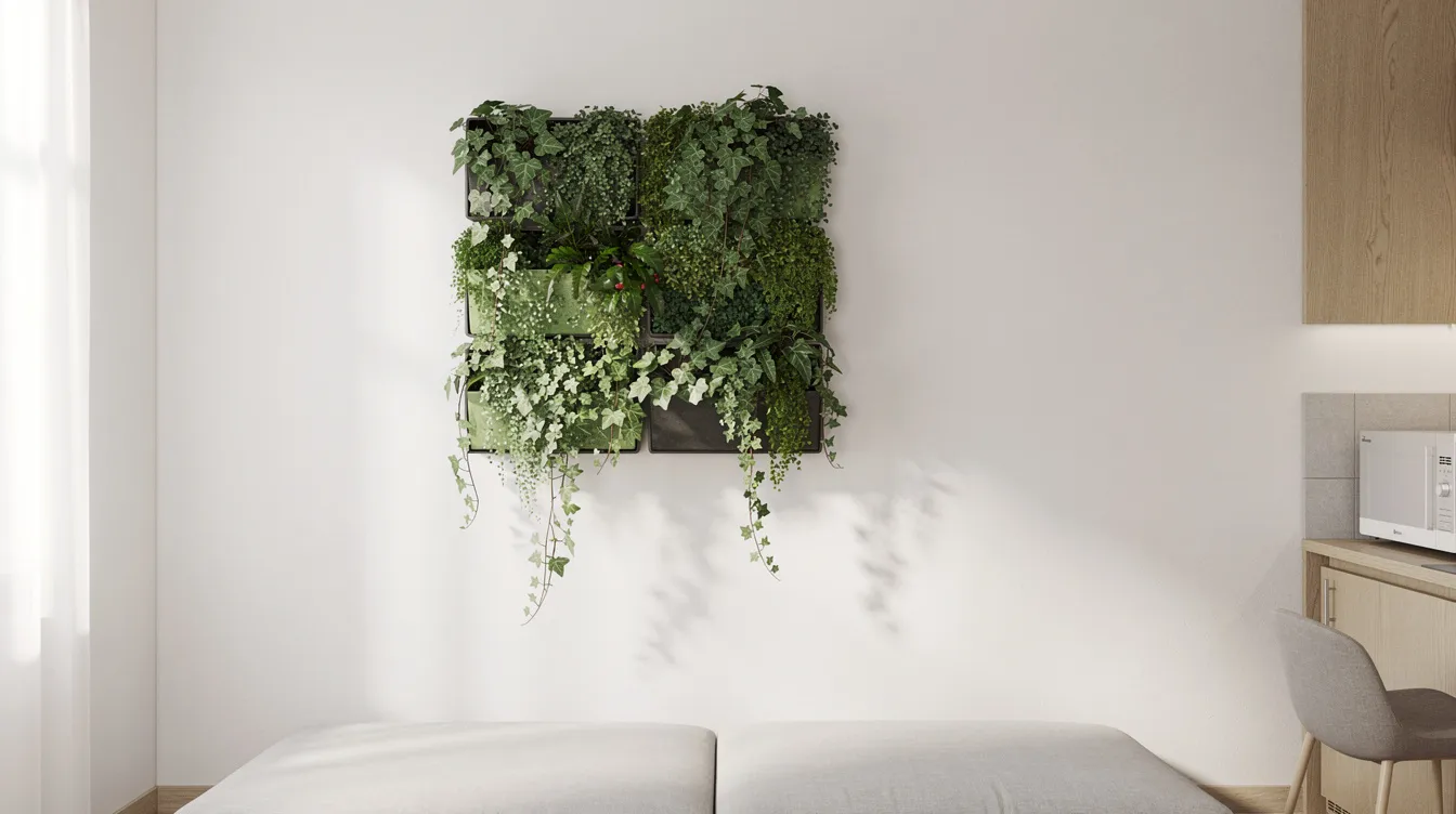A3c627614cdd455e81230882b8d030b0 A small modular green wall adorned with lush trailing ivy plants featuring deep green leaves and various ivy varieties is mounted on a bright white wall in a compact room creating a vibrant indoor garden atmosphere The ivy's vigorous growth adds a touch of nature to the space, making it a perfect low-maintenance houseplant choice for tiny homes.
