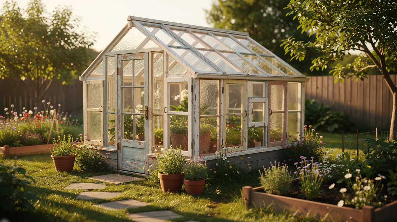 A45b38dc59cf49678a853490f56d9eaf The image depicts a rustic small greenhouse constructed from mismatched vintage windows nestled in a sunny backyard garden This charming structure serves as a mini greenhouse providing an ideal growing space for plants and extending the growing season for vegetables and herbs