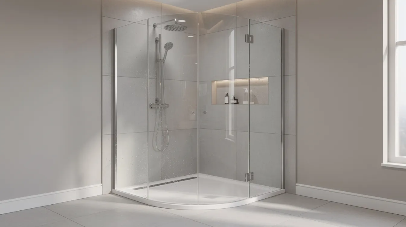 A753ecc92d57443d853d9e7c4cd06835 The image features a modern corner shower with a curved glass enclosure ideal for small bathroom ideas This design maximizes limited space while maintaining an airy feel making it perfect for tiny bathrooms