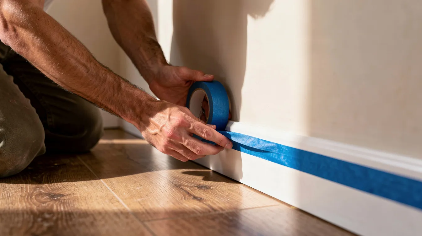 A79998ae7c62429eb0eb48942f2cfd29 A person is carefully applying painter's tape along the edge of a wall in a small, well-lit room with wood flooring, preparing to paint an accent wall in light paint colors. This creative process aims to enhance the space by adding personality and dimension, making the tiny home feel more stylish and inviting.