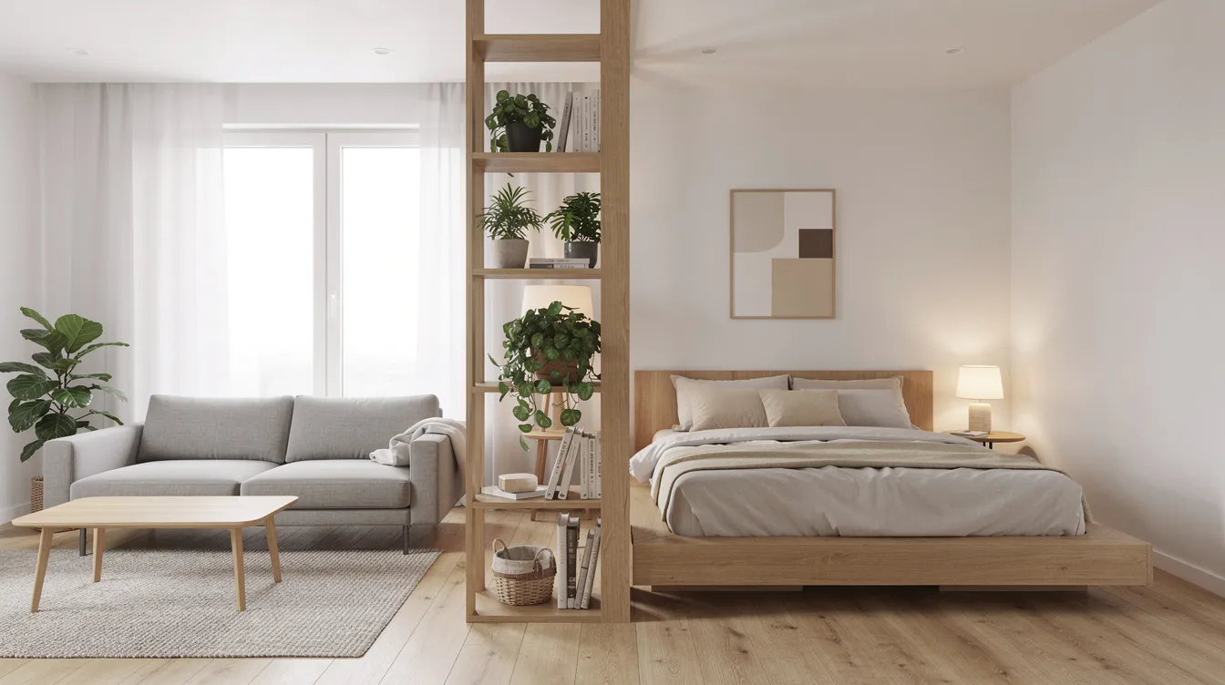 Ac134dec613d4163977f837aaee9eeeb The image depicts a modern small one bedroom apartment layout featuring a tall open wooden bookshelf that serves as a room divider between a cozy living area with a sofa and a separate sleeping area with a bed Natural light floods the space enhancing the multifunctional furniture arrangement and creating a warm inviting atmosphere