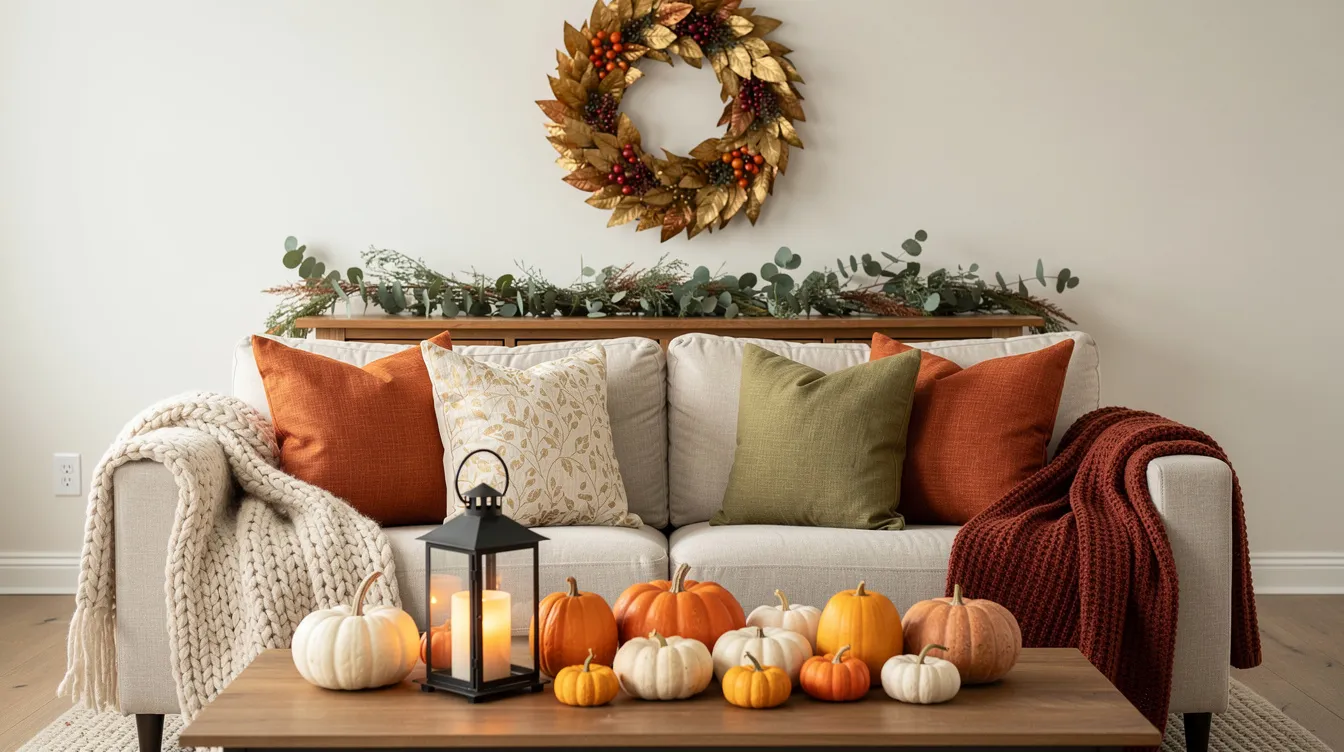 Ad518bf92bf442e8b6cb96640d2d0776 The image showcases a cozy fall decor setup featuring a collection of seasonal items including two soft throws four decorative pillow covers a vibrant wreath and a charming garland Mini pumpkins both real and faux are artfully arranged alongside a lantern creating a warm and inviting atmosphere perfect for a tiny home or apartment during the fall season
