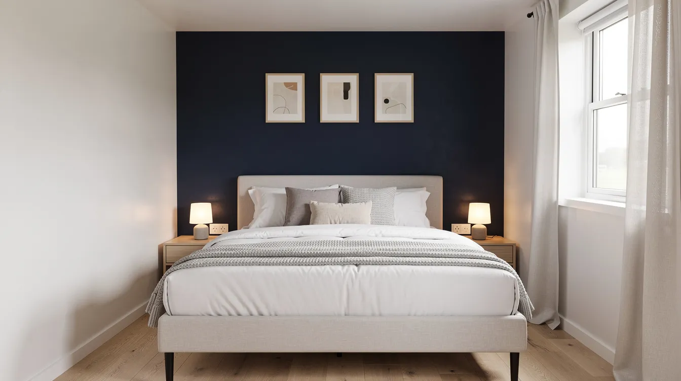 Adaf1e63ca754baab0be8b6a22e55f95 The image depicts a cozy tiny home bedroom featuring a deep navy accent wall behind the bed which serves as a striking focal point against the light paint colors of the surrounding walls Above the headboard small framed pictures add personality and interest to the small space creating a stylish and inviting atmosphere