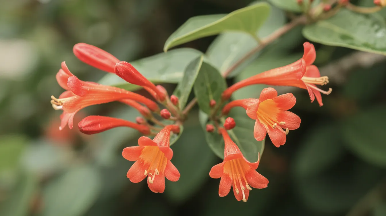 Af1c211b2dc14a958e23c810c086e5ef The image features vibrant Coral Honeysuckle Lonicera sempervirens a perennial vine known for its tubular fragrant flowers that attract hummingbirds This fast growing climbing plant thrives in sunny to partial shade conditions making it ideal for vertical space in small gardens or on sturdy trellises
