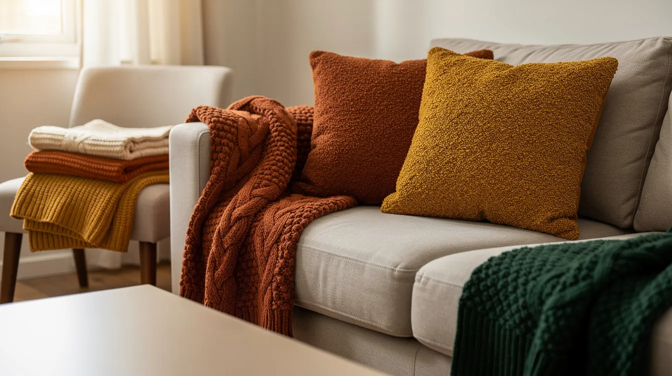 B3fdac8c65d347d5ba88eb8e72e3c3f5 A cozy living room corner showcases a chunky cable knit blanket in a warm rust tone paired with textured pillows in soft bouclé and corduroy creating inviting fall decor Mini pumpkins and candles add seasonal charm perfect for tiny home decorating ideas that refresh the space for autumn