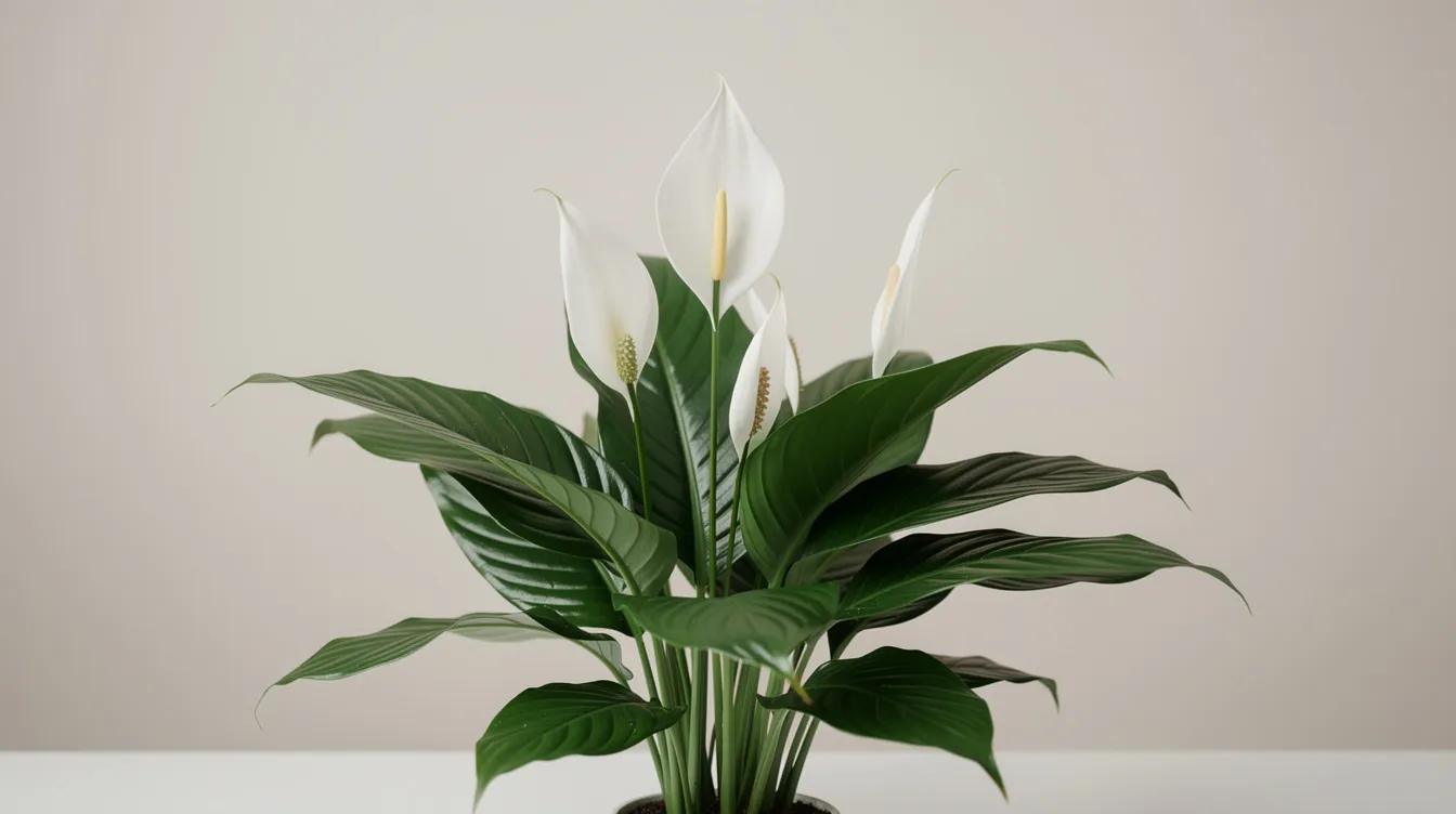 B6d737e8f2594aad872f548bc35a473b The image features a Peace Lily Spathiphyllum with its striking trumpet shaped flowers and lush dark green foliage This popular tropical house plant thrives in bright indirect light and adds a touch of exotic beauty to any indoor space