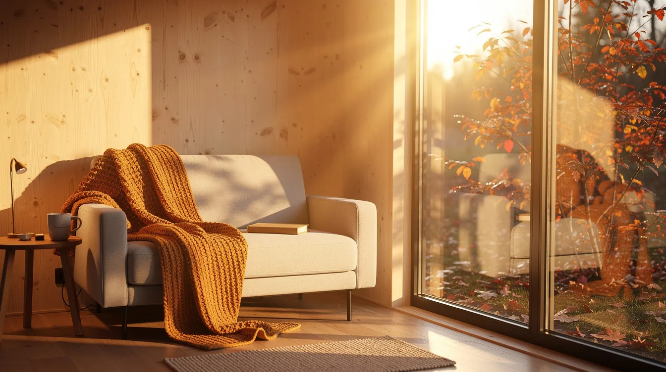 B78edd04303740a9959234f9968b7070 The image depicts a cozy tiny house interior bathed in warm golden light from large windows showcasing a small sofa adorned with a knit throw and a few autumn leaves visible outside This inviting space highlights the charm of tiny homes creating a sense of warmth and comfort perfect for fall