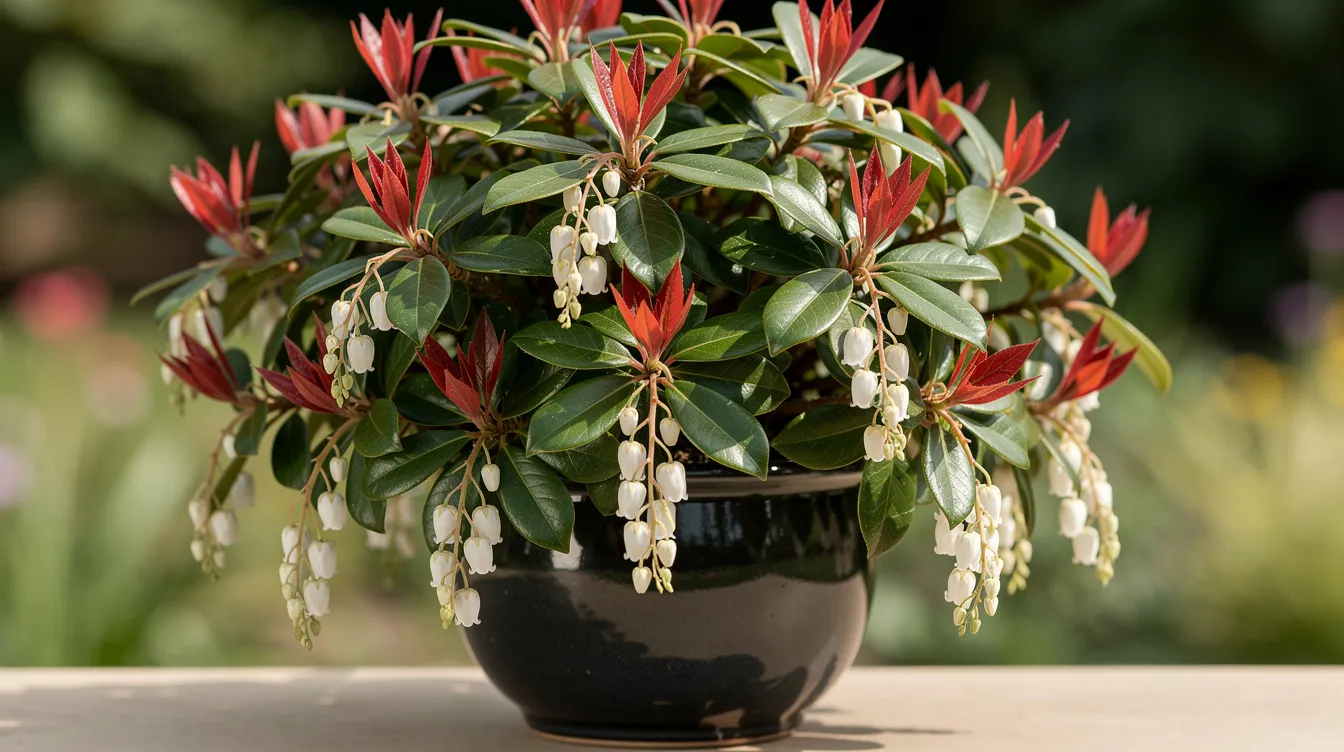 B8723025788441cb8032bd24de88f7de A Japanese Pieris shrub in a dark ceramic pot showcases vibrant red new growth tips and clusters of small white bell shaped flowers making it an attractive choice for front door plants This evergreen shrub thrives in partial shade and adds year round interest to any doorway