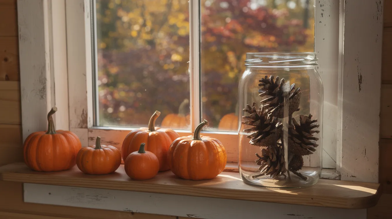 B897fa2905a341e9aab8231c48464a7b The image depicts a cozy tiny house windowsill adorned with small pumpkins and a glass jar filled with pinecones creating a charming autumn atmosphere Outside vibrant fall trees are visible enhancing the inviting feel of this small space