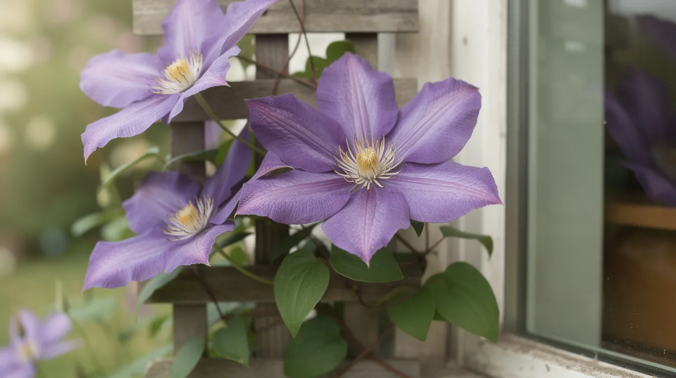 Baaaff6edc0f4faf951293d4553a8a28 A close up view showcases large deep purple clematis flowers blooming vibrantly on a sturdy wooden trellis beside a window highlighting the beauty of climbing plants The delicate fragrant blooms add a touch of elegance to the small garden thriving in the partial shade