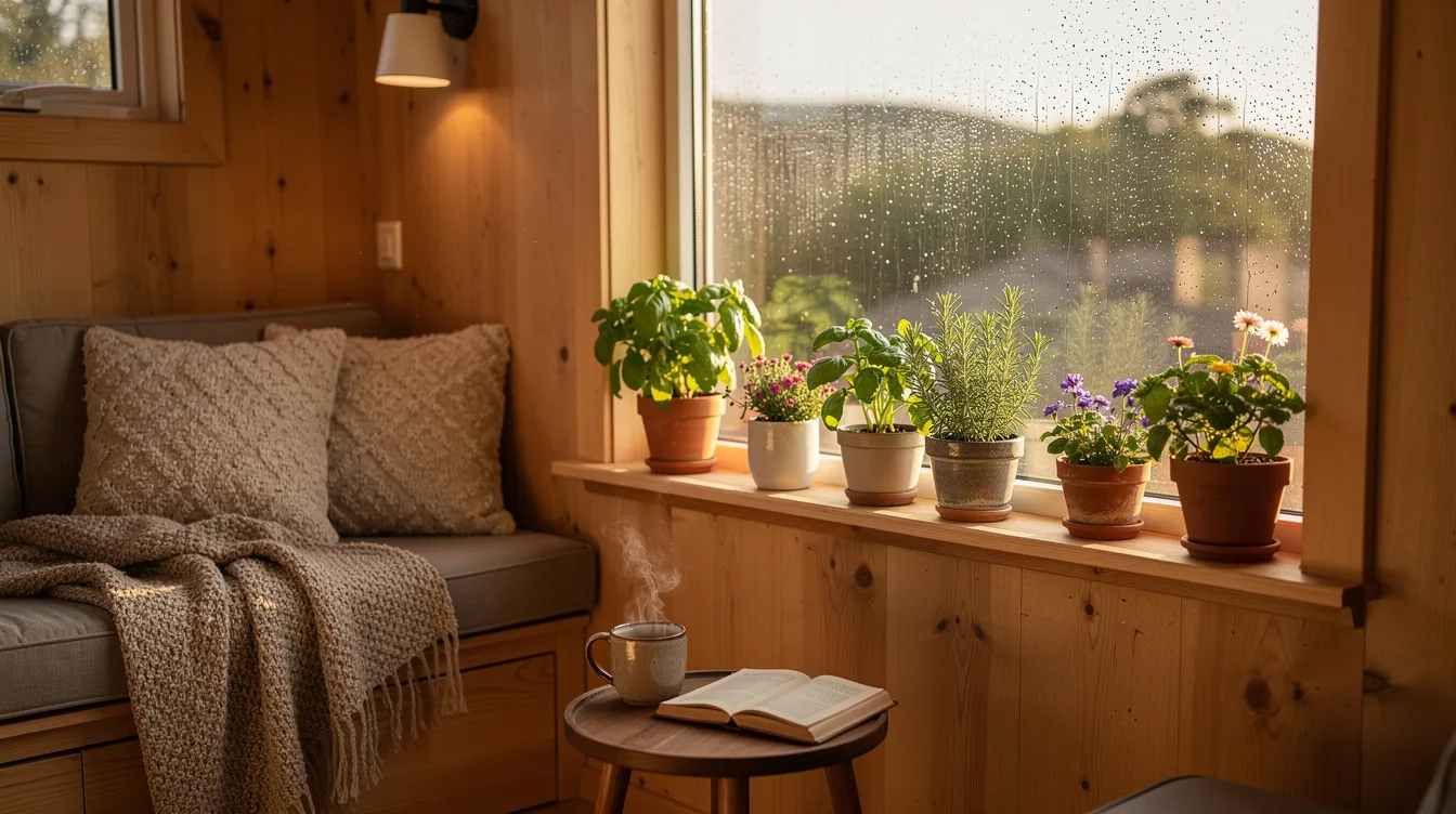 Bc1f690418d3414d85c1d42d732d8573 The image depicts a cozy tiny home interior featuring several small potted herbs and fragrant flowers arranged near a window allowing bright sunlight to stream in The vibrant plants including aromatic houseplants like lemon balm and rosemary create a fresh and inviting atmosphere perfect for enhancing the fragrance of the indoor space