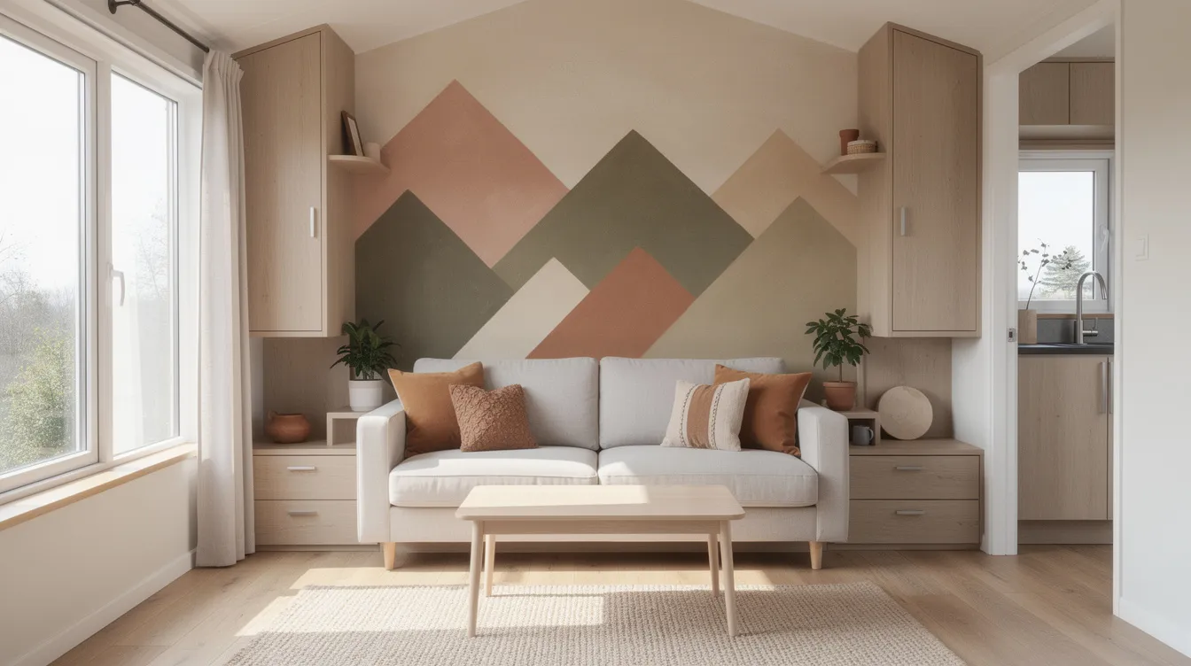 Bc2c4b7b138742a5b2b61ee9f65a6db6 The image showcases a tiny home living area featuring a geometric mountain landscape mural painted in muted earth tones on one wall creating a stylish focal point The light paint colors and natural light enhance the feeling of space in this small room while the design adds personality and visual interest to the interior