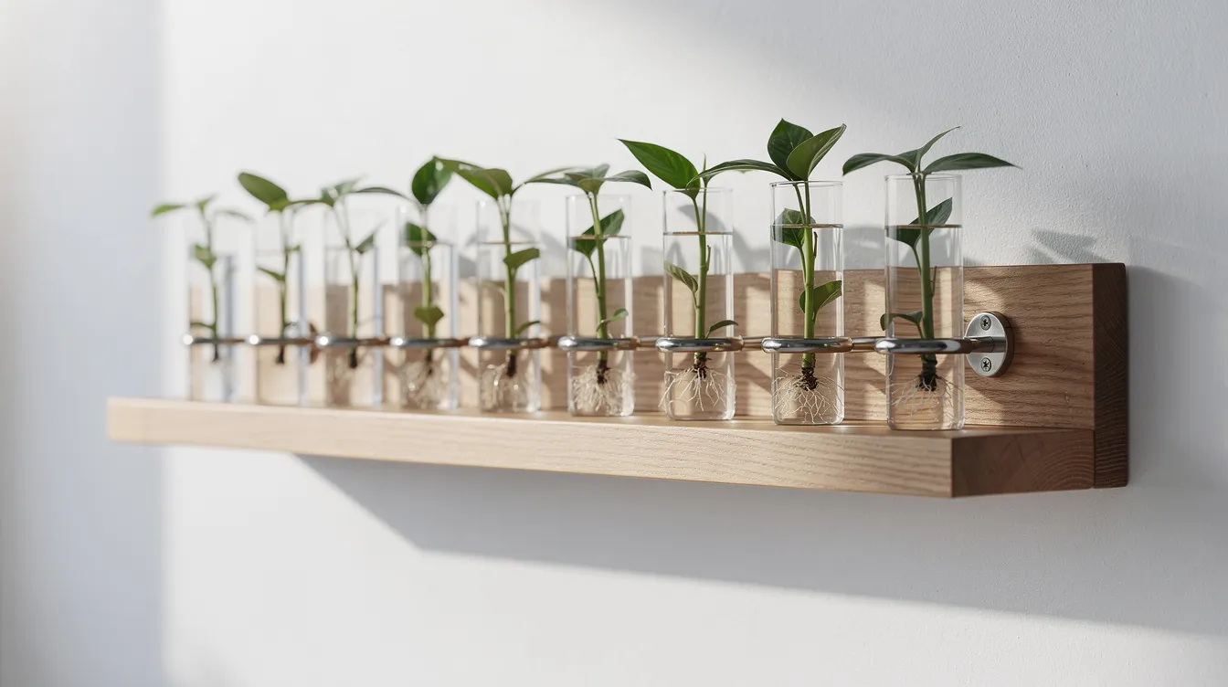 Bcc719afff2e441199b6933730c85281 A row of glass test tubes mounted on a light wood plank is displayed against a white wall each filled with water and housing a green plant cutting creating a modern indoor wall planter that adds a touch of greenery to small spaces This unique arrangement serves as an inspiring piece of home decor perfect for brightening up any living room or office