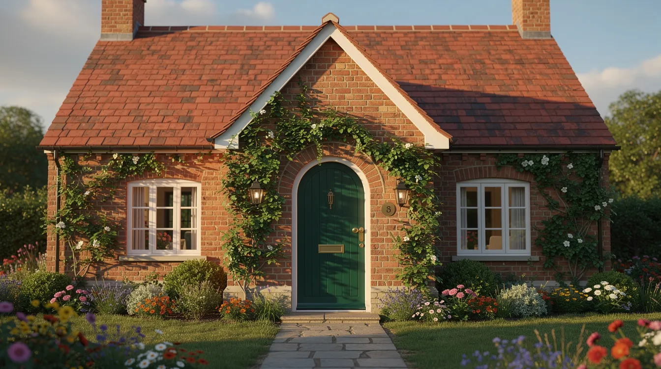 Bda05623a5ad498b86fb62b1e0615610 A charming red brick cottage features an arched front door adorned with climbing ivy showcasing the beautiful details and elegance of brick house design This inviting home exemplifies durability and offers inspiration for brick house plans