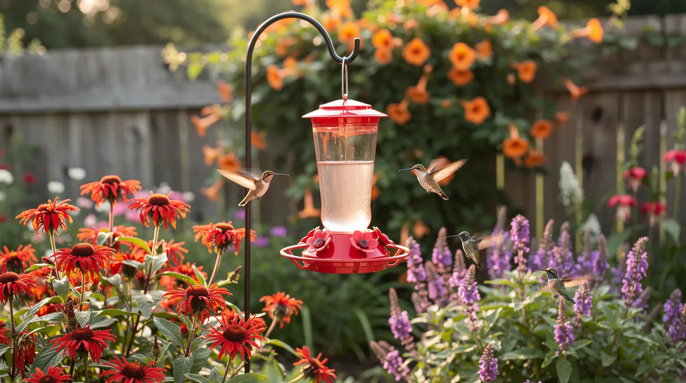 Be4eb47792ea4a89ab761e32f06f0fb5 The image features a vibrant hummingbird garden filled with colorful trumpet shaped flowers and nectar rich plants like firecracker plants and bee balm designed to attract hummingbirds Hummingbird feeders hang in the garden providing a food source for these fascinating creatures while tall stems and bright blooms create an inviting outdoor space for both hummingbirds and other pollinators