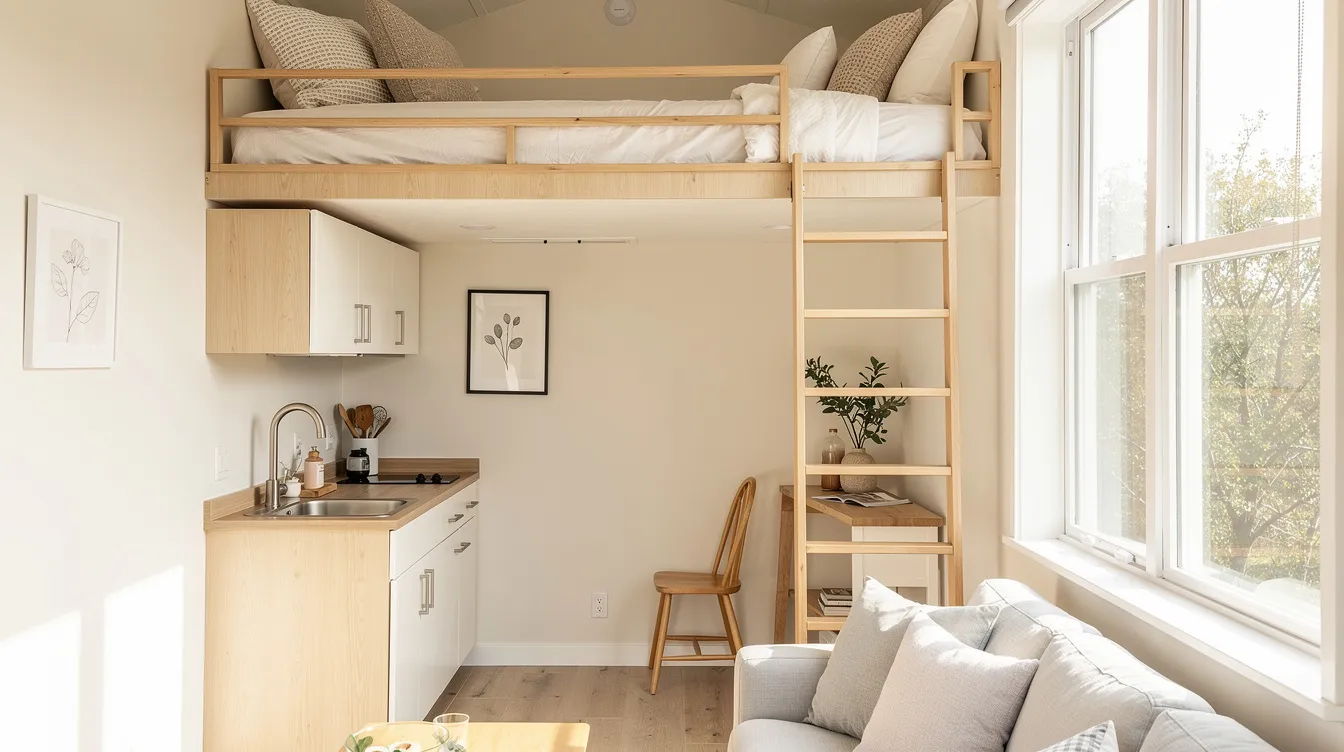 C1017c8add2d4953b68974906a948c23 The image showcases a bright and compact tiny house interior featuring light colored painted walls that enhance the feeling of space A cozy sleeping loft is positioned above a small kitchen area creating a stylish and practical living environment with vertical lines that add depth and personality