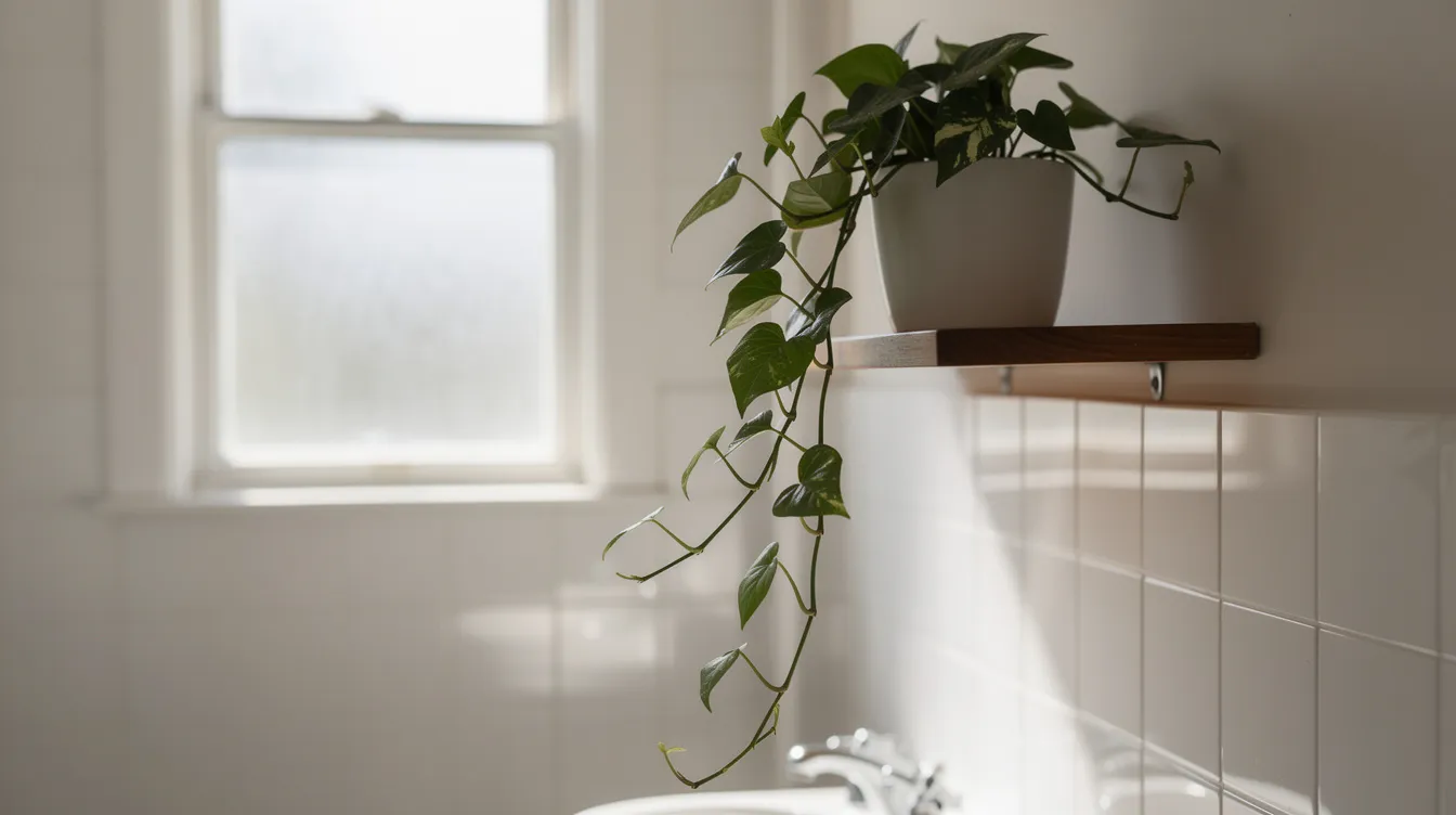 C25fd08598a24ea087b0bc0f272ac5a8 A lush ivy plant with dark green leaves and trailing vines is perched on a shelf in a small bathroom complemented by a frosted window that allows for indirect light This popular houseplant known for its vigorous growth and low maintenance adds a touch of greenery to the space