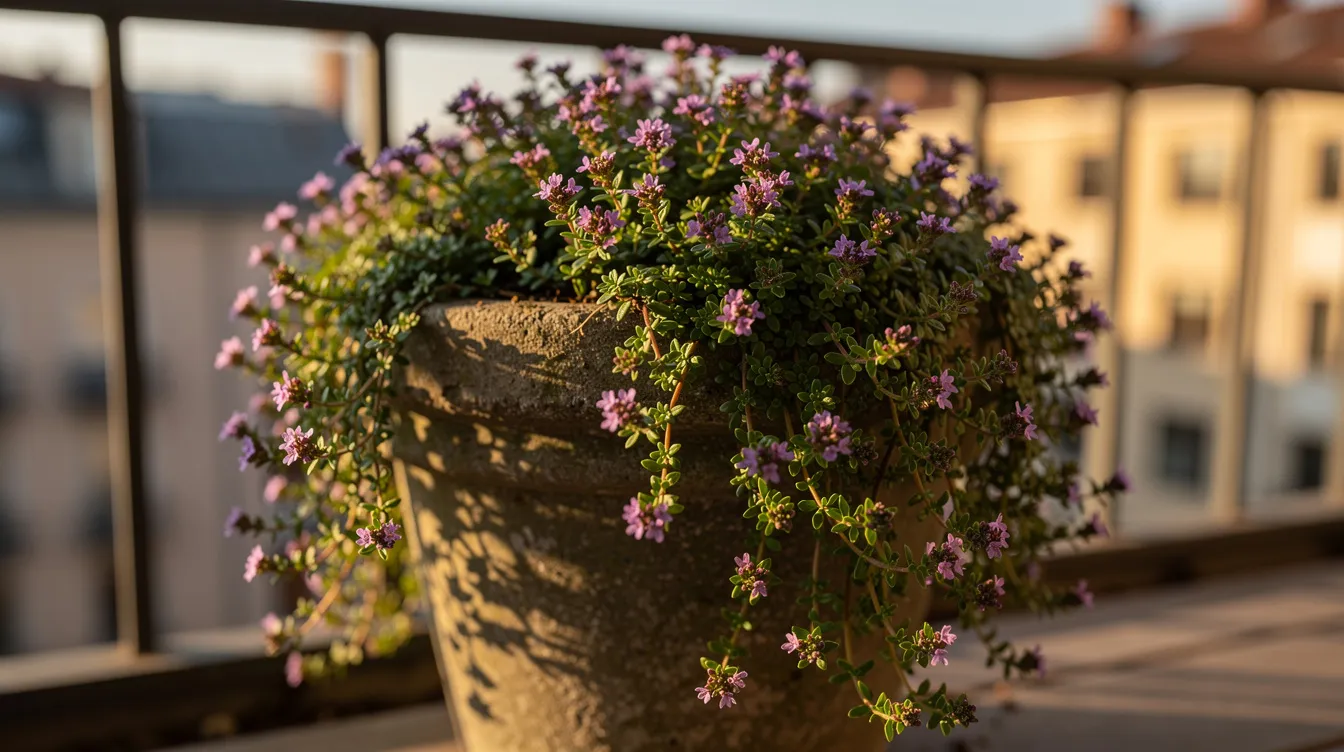 C27e4d1115dd4cf285e770bc7c5ca7fa A charming small balcony container garden features creeping thyme spilling over the edges of a stone pot adorned with tiny purple flowers This delightful arrangement is perfect for fairy gardens showcasing lovely miniature plants that create a whimsical atmosphere