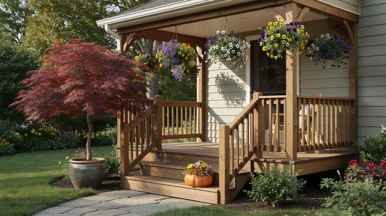 C2e5a743f29e4daca3437c6d1b481033 The image features a cozy covered patio adorned with hanging baskets of vibrant pansies a striking Japanese maple in a large pot and a charming pumpkin planter on the steps creating a delightful fall garden atmosphere This inviting space showcases the beauty of autumn with colorful foliage and seasonal decor perfect for enjoying the cooler temperatures of the gardening season