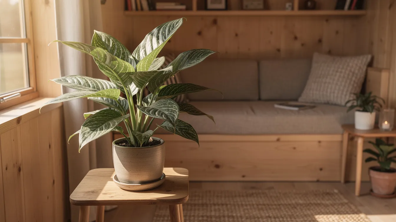 C4b286a756c04dd9b946655382efa7b7 A Chinese Evergreen Aglaonema sits gracefully in a cozy tiny home showcasing its lush green leaves and arching stems This low light tolerant plant thrives in small pots making it an ideal choice for busy plant parents looking to brighten low light spaces