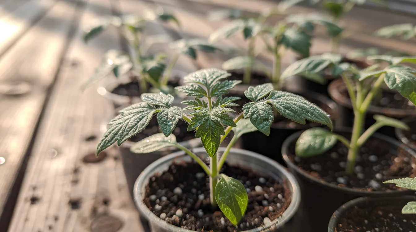 C5da7a6431754a1d91f8d5b40746b99f A close up view of young tomato and pepper seedlings thriving in containers on a wooden deck showcasing the vibrant green leaves and healthy soil This image highlights the potential for planting vegetables in Houston gardens especially during early spring to prepare for the upcoming growing season