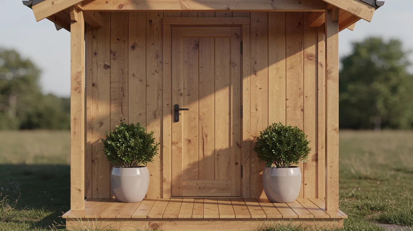 C92e77b8a7ea44e6a0d2618b865cea98 The image depicts a cozy wooden front porch of a tiny home featuring two matching ceramic planters filled with compact green plants creating an inviting entrance The plants thrive in partial shade adding a touch of greenery and curb appeal to the front door