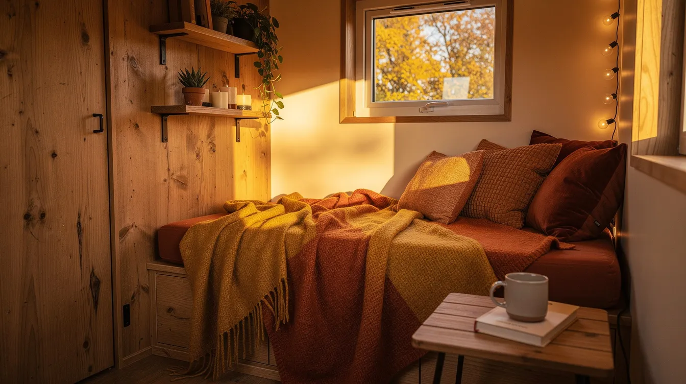 C9b4f813a44e42c58ea769aae630e3c7 The image depicts a cozy tiny home interior adorned with fall decor featuring warm lighting streaming through a small window and colorful throw blankets draped over furniture Mini pumpkins and soft candles add seasonal charm to the inviting space creating a beautiful home atmosphere perfect for the fall season