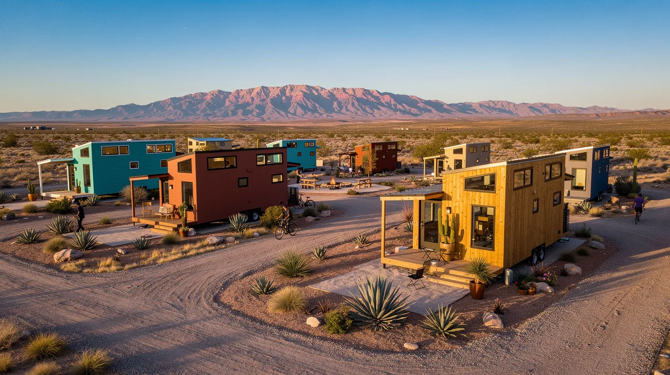 C9d29ad7963c4d4a9f69b4d7d5eea225 The image depicts a vibrant tiny home village in Albuquerque featuring several colorful tiny homes designed for permanent supportive housing Residents engage in community activities around a communal garden showcasing a spirit of self sufficiency and support among villagers as they work towards independence