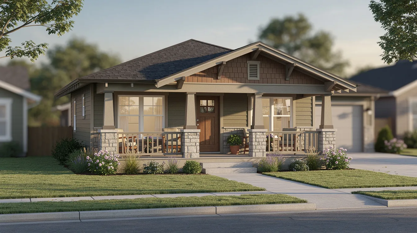 Cb6c71836aa34e918a9b707dbc8cdfe7 The image depicts a charming single story bungalow featuring a wide covered porch and distinct craftsman details situated on a suburban lot This small house design emphasizes efficiency and comfort making it ideal for homeowners seeking a cozy living space with a smaller footprint