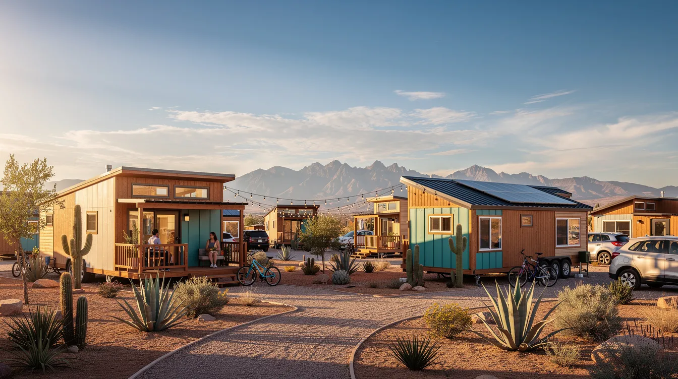 Cbf581ca6a1948988869017d6f8f0340 The image depicts a vibrant tiny home village in Albuquerque featuring several colorful tiny homes designed for permanent supportive housing Residents engage in community activities around a communal garden showcasing a spirit of self sufficiency and support among villagers as they work towards independence