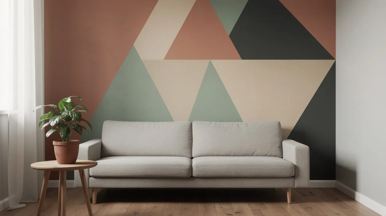 Cceac81c28054f7d85d66ecee3624a8a The image depicts a compact room featuring an accent wall adorned with painted geometric triangle patterns in muted earth tones creating a stylish focal point This design enhances the small space adding personality and depth while utilizing light paint colors to make the room feel more open and inviting