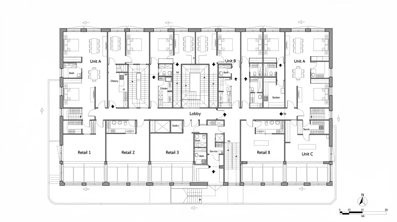 Cd67afddd57f4f268226903d6b7439be This top down floor plan illustrates a mixed use building featuring ground floor retail spaces and upper residential units with various apartment plans that include balconies and multiple bedrooms The layout provides a clear view of the building's design and the range of options available for both commercial and residential use.