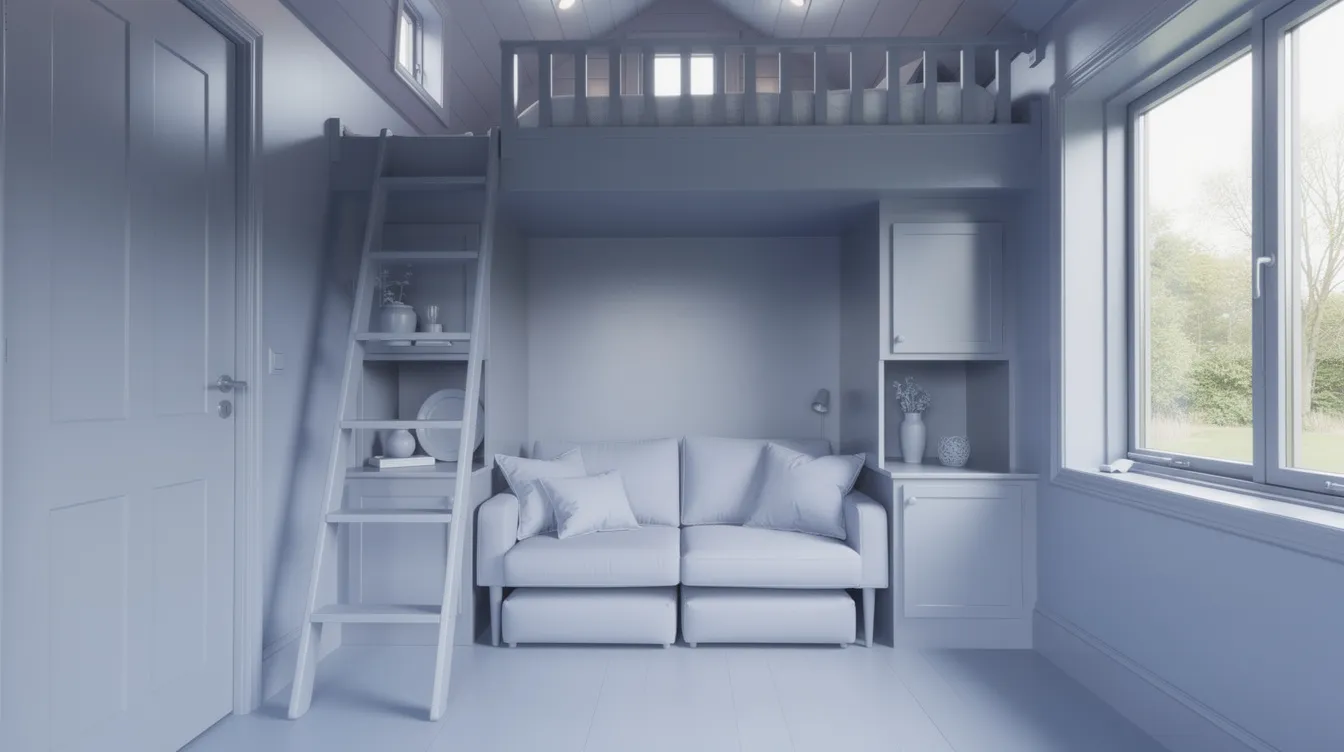 Cd7c4fbe101c48749486af65a6f10b65 The image showcases a tiny home interior featuring a monochromatic paint scheme where soft blue hues cover the walls ceiling trim and doors creating a seamless flow that enhances the feeling of space This stylish approach eliminates visual clutter and highlights architectural details making the small room feel larger and more inviting