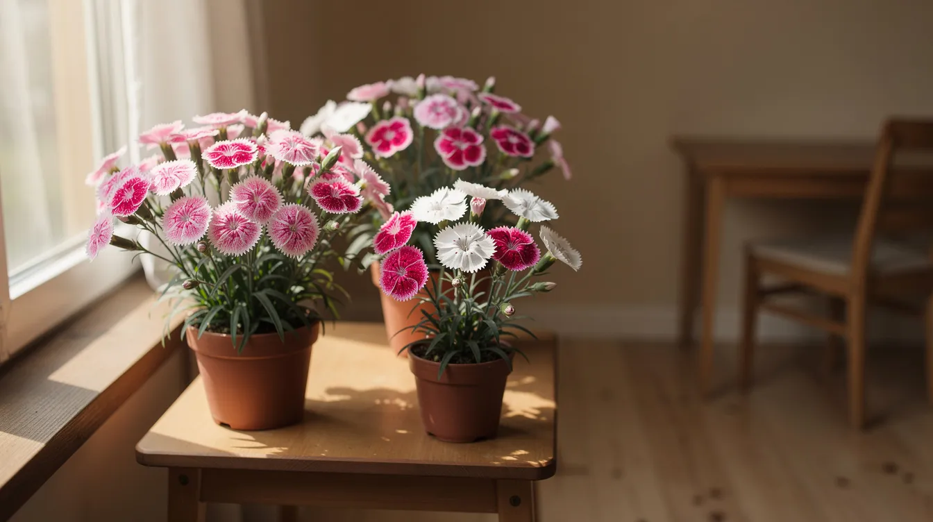 Cf0a9858e4d94305a3bcfbf57181cb7f The image shows vibrant blooms of Dianthus Pinks in a charming tiny house surrounded by delicate flower beds filled with colorful flowers These dainty flowers thrive in the warm sunlight creating a beautiful indoor plant arrangement that attracts butterflies and enhances the tiny house design