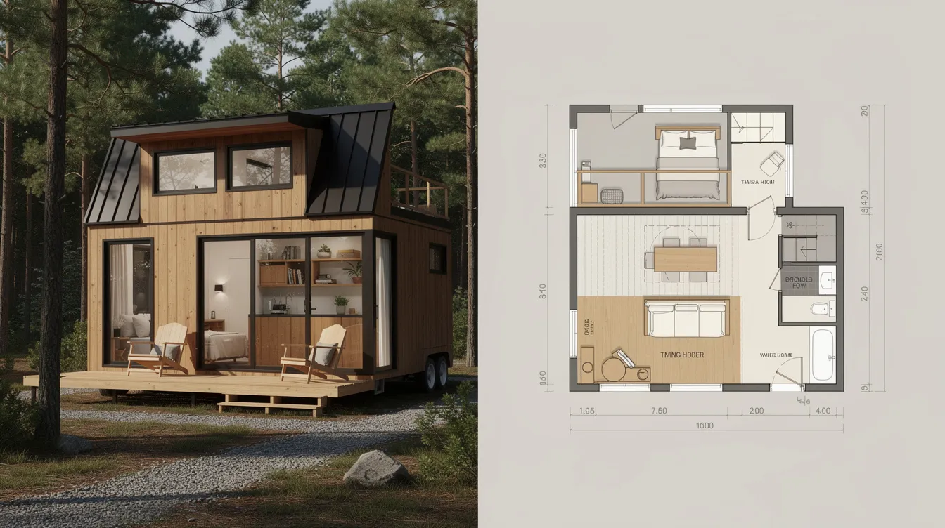 Cf9f19ee4a57418bbc882b9b60c77324 This image showcases modern rustic tiny home plans featuring a cozy cabin design with large windows and exposed beams blending natural materials like wood and stone The open floor plans and covered porches create a warm and inviting atmosphere perfect for enjoying the fresh mountain air and beautiful natural surroundings