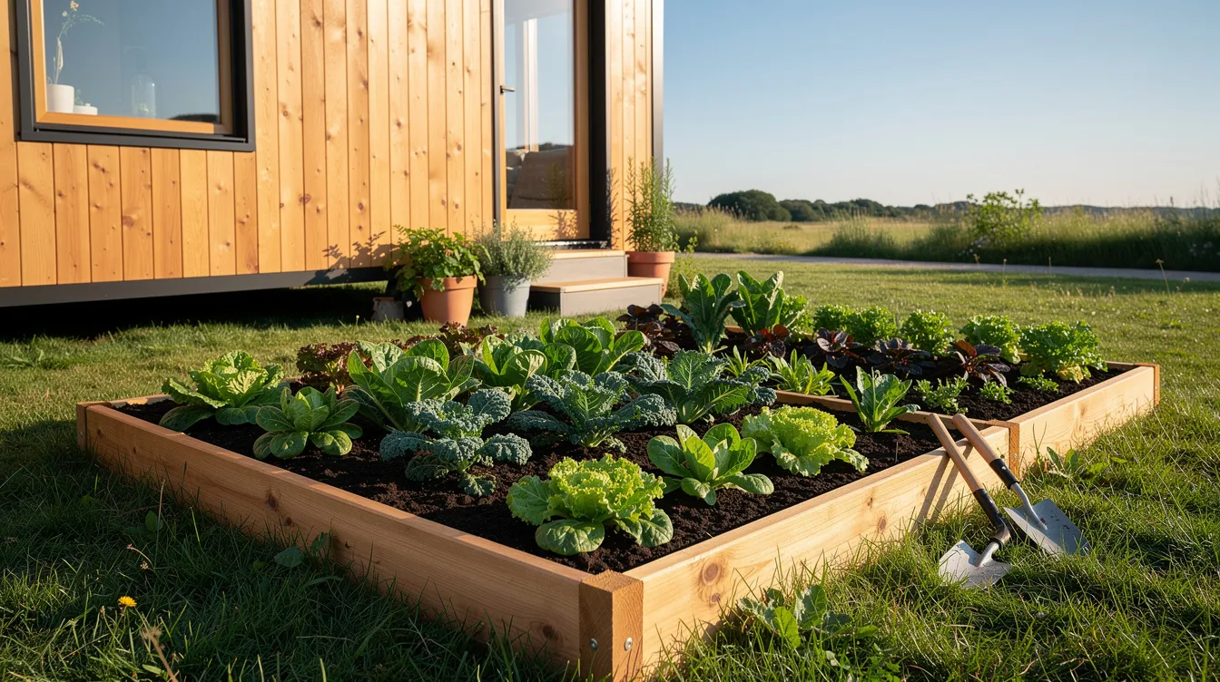 Cfaaf306a5fd4355af4838eed2d6618a The image shows a small raised bed garden filled with vibrant leafy greens such as lettuce and kale situated next to a cozy tiny home under bright sunlight This setup is perfect for Houston gardens allowing gardeners to plant vegetables and herbs while enjoying the warm weather of early spring
