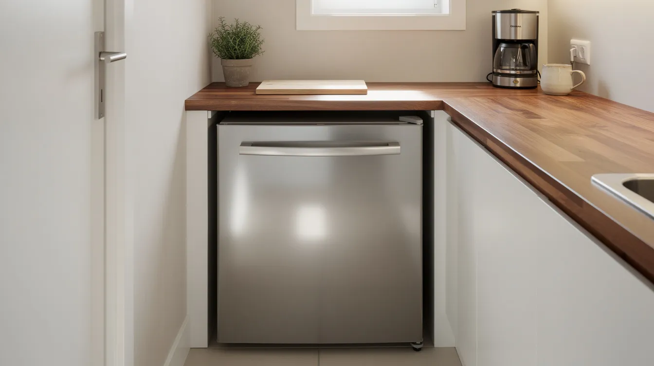 D14fea351abb40e1b02a2c9654d91f13 The image features a sleek stainless steel compact refrigerator prominently installed in a small galley kitchen complemented by warm wooden countertops This efficient fridge is part of modern kitchen appliances making it a reliable choice for maximizing space in any home