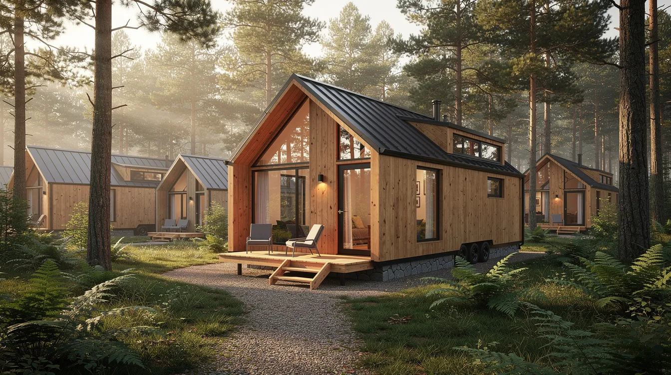 D285e9dbcf914804bc07bc2f2edc42c5 The image features a cozy cabin style tiny home showcasing its rustic charm with wooden siding and large windows that invite natural light This quality manufactured home designed for those looking to own a tiny home in Monroe Louisiana emphasizes the benefits of affordable living with a loft space for added comfort