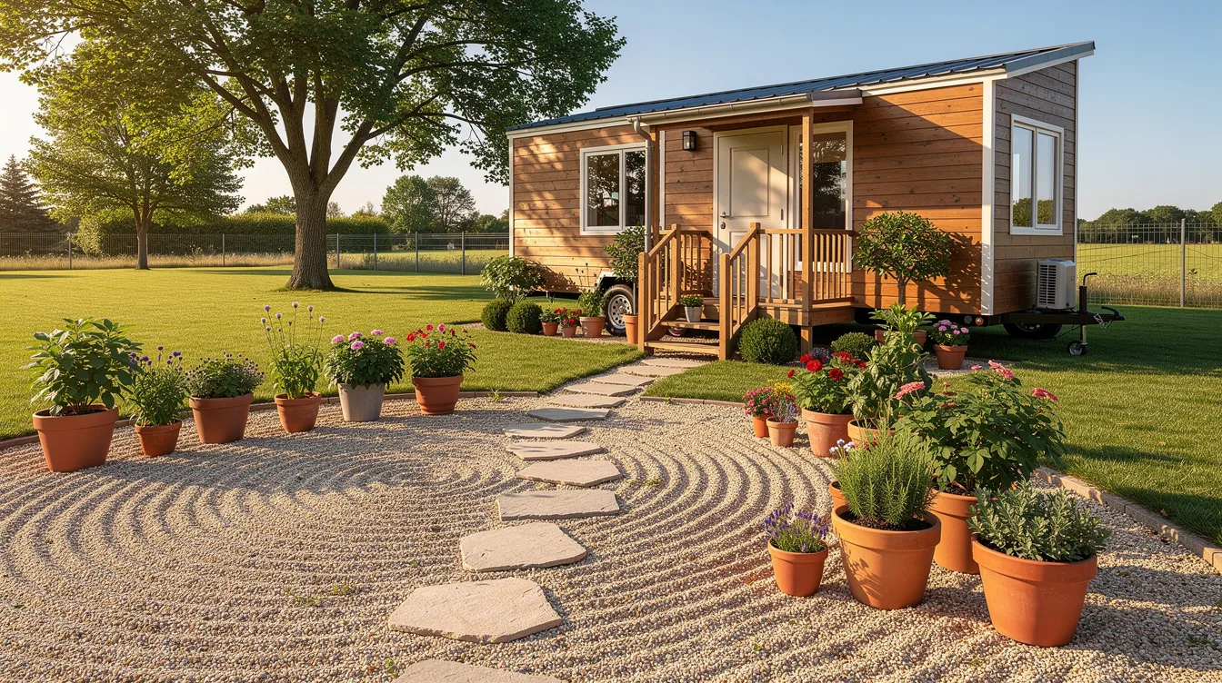 D3374053b3af4248b9406c45a42ffe57 The image features a sunny outdoor space with a small gravel patio adorned with stepping stones and tall potted plants creating a charming atmosphere next to a tiny house on wheels This tiny house yard emphasizes a functional and private oasis showcasing a mix of classic and edible plants within a limited area