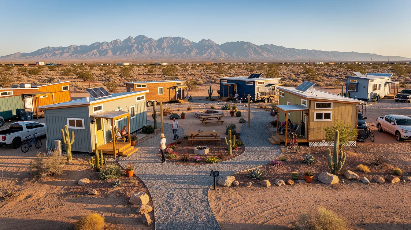 D382950e041844ddaaa0f39404d2e250 The image depicts a vibrant tiny home village in Albuquerque featuring several colorful tiny homes designed for permanent supportive housing Residents engage in community activities around a communal garden showcasing a spirit of self sufficiency and support among villagers as they work towards independence