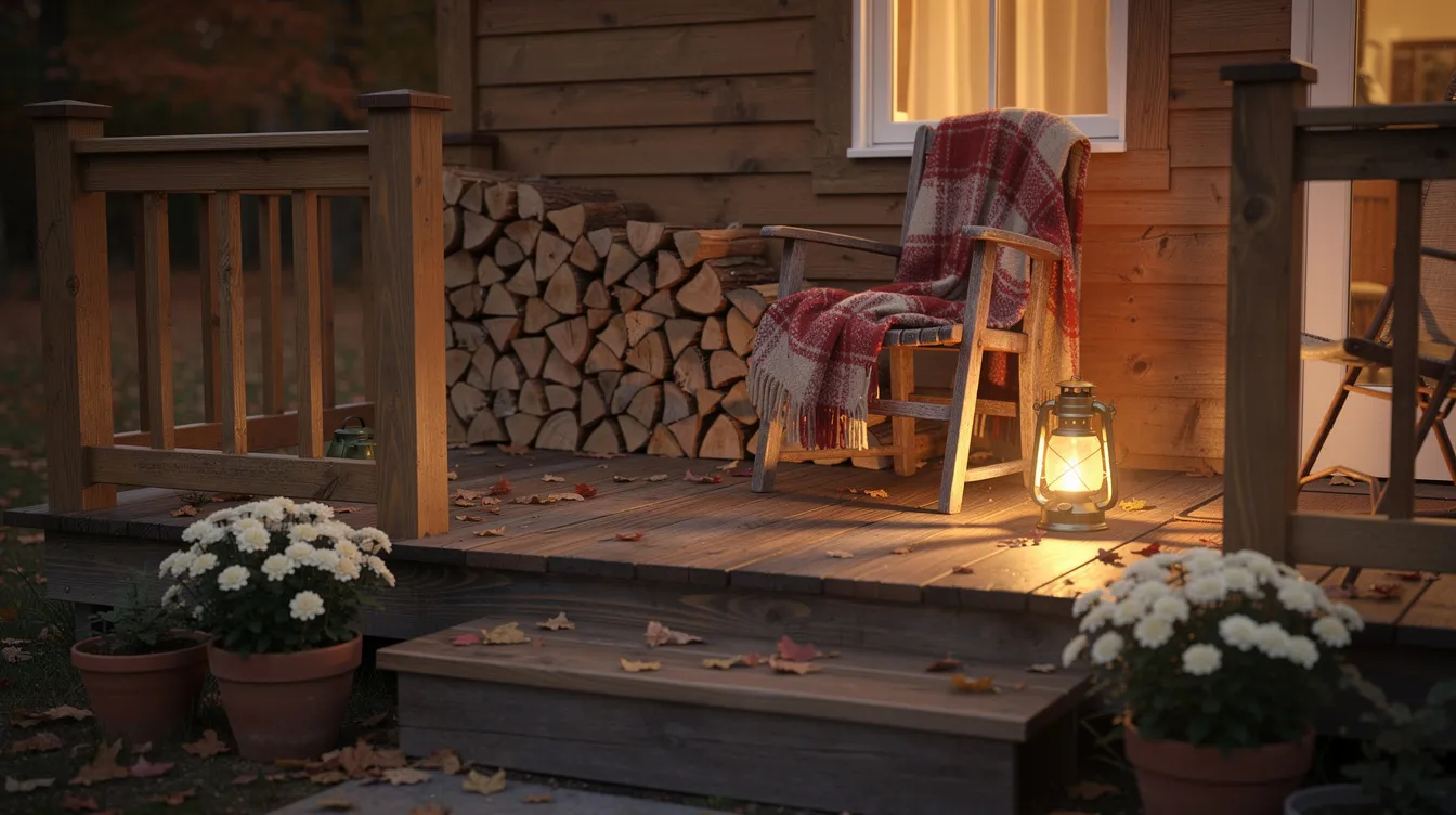 D3849981b25f4dc4a4a383540eb95ce4 The image features a cozy small wooden porch of a tiny house adorned with stacked firewood and a single chair draped in a plaid blanket creating a warm fall decor vibe A glowing lantern and potted white mums add a touch of beauty and charm perfect for the fall season