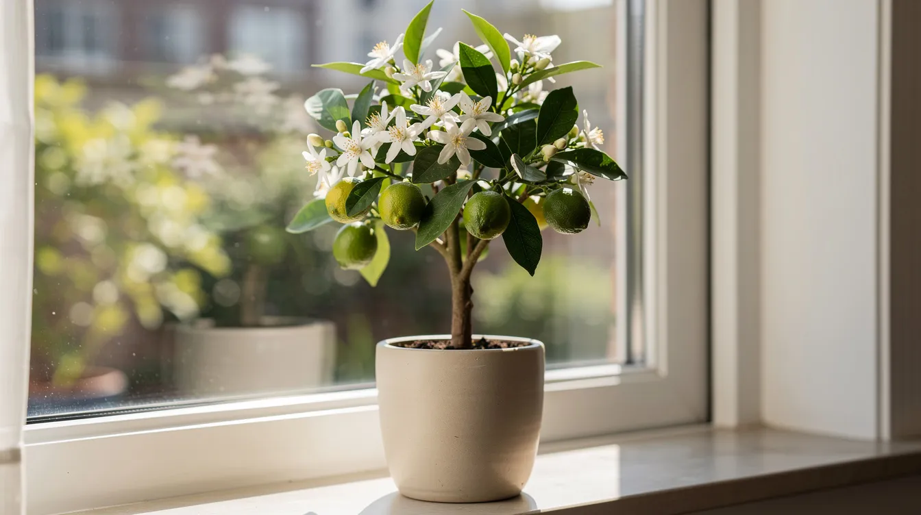 D4e2d234dfe444b1b7adadeadb4fea78 A small dwarf Meyer lemon tree with white blossoms and green fruits is displayed in a ceramic pot positioned near a bright window that allows for direct sunlight This fragrant houseplant not only adds beauty to the indoor space but also produces aromatic flowers and citrus fruits making it a great choice for enhancing home fragrance