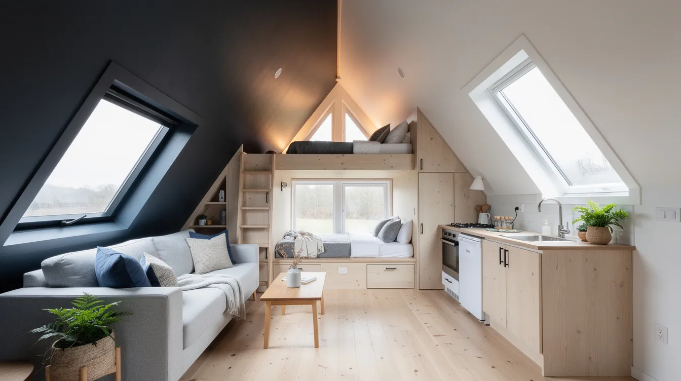 D626408c004640bfbeec4f3c60990c47 The image showcases a cozy tiny home with an A frame roof featuring a beautifully painted ceiling in light colors that enhance the feeling of space and warmth The ceiling art with vertical lines and a lighter shade creates depth and adds personality to the small room making it a stylish focal point that transforms the overall interior