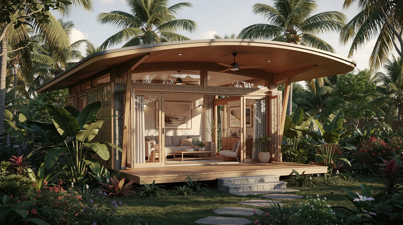 D6a0679ba8b34fc5bbcdeea2844cfa77 This image depicts a tropical tiny home featuring a curved roof and lush plantings that enhance the indoor outdoor living spaces The design includes deep overhangs to protect against rain and sun creating a seamless flow between the indoors and the vibrant outdoors