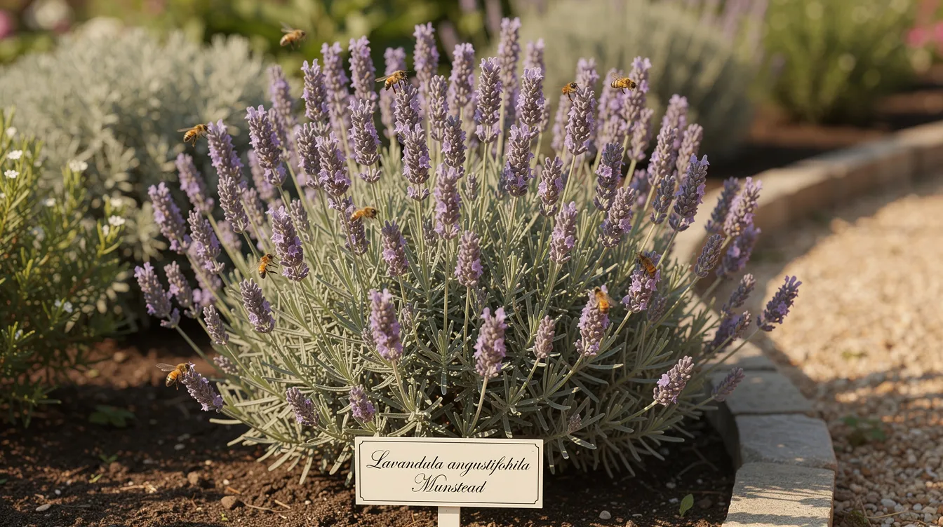 D749054a98004751b41b69e24cb6e2ca The image features a compact bush of Dwarf Lavender'Munstead'), showcasing its vibrant purple flowers and aromatic foliage, ideal for small garden ideas and herb gardens. This low-maintenance plant thrives in full sun, making it a perfect choice for small spaces and container gardens.