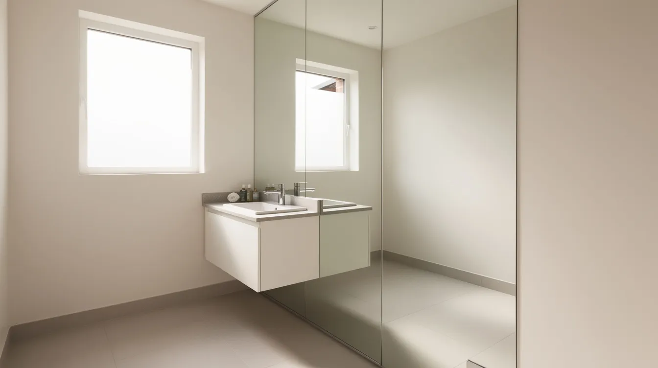 D878d34a1ea144c2b95c1e03cf53e4f9 The image depicts a small bathroom featuring a floor to ceiling mirror wall that reflects natural light from a nearby window creating an airy and spacious feel in the limited space The modern design includes a wall hung toilet and a compact vanity unit showcasing effective small bathroom ideas for maximizing functionality and style