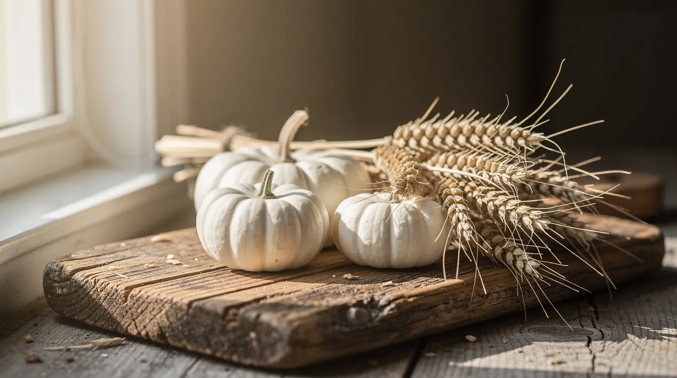 D9b38d9c17bc4303b281cda2c4ec1d22 The image features three white mini pumpkins and dried wheat artfully arranged on a rustic wooden board creating a cozy fall decor centerpiece Sunlight streams through a nearby window enhancing the warm seasonal ambiance perfect for tiny home decorating ideas
