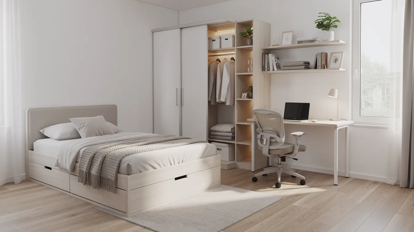 D9c61ec0e486432ea0a9b855d73ece0d The image showcases a small bedroom designed for efficient small space living featuring a twin bed positioned against one wall a wardrobe providing vertical storage and a compact desk to maximize desk space The room utilizes light colors and two windows to create a bright and spacious feel demonstrating creative solutions for storage and furniture arrangement in a limited area